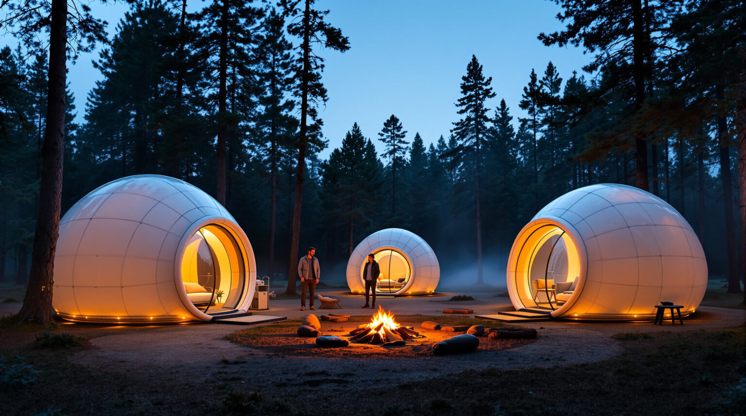 Three modern inflatable habitat pods softly glowing at dusk in a forest clearing, with two campers standing nearby and a small campfire in the center, mist and trees in the background.