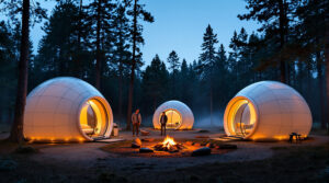 Three modern inflatable habitat pods softly glowing at dusk in a forest clearing, with two campers standing nearby and a small campfire in the center, mist and trees in the background.
