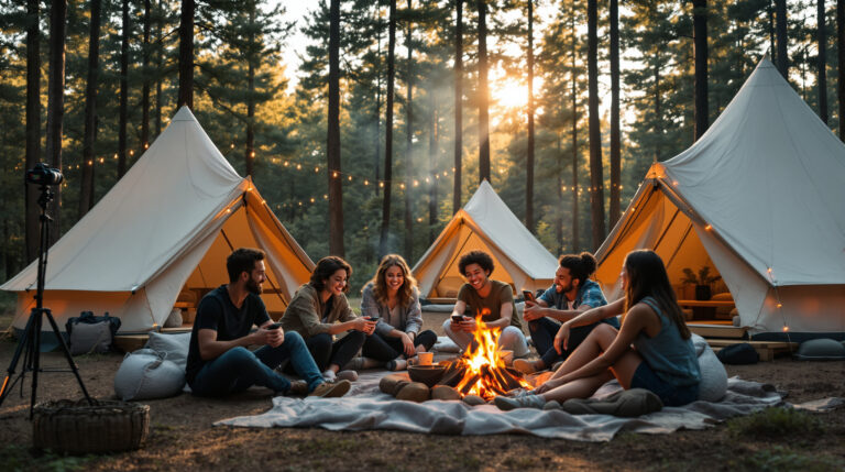 Group of young adults at a glamping campsite in a forest clearing, smiling and creating content near a campfire, with canvas tents and string lights in the background during golden hour.