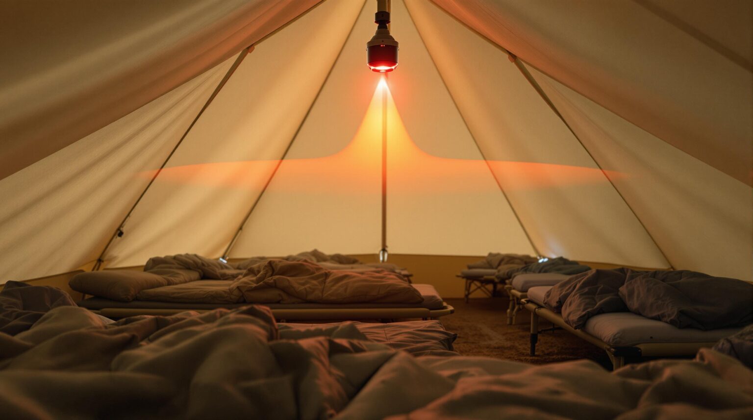 Interior of a field tent with an infrared sensor mounted on the ceiling, soft morning light, and several empty cots arranged below, illustrating real-time occupancy monitoring.