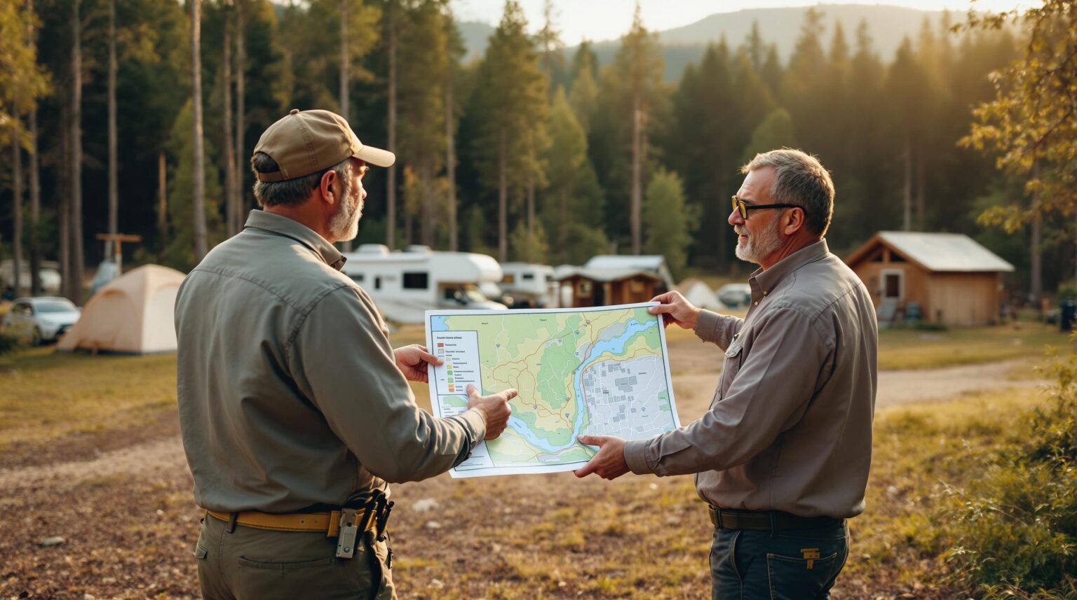 Two inspectors reviewing a printed satellite map at a generic forest campground with tents, an RV, and a wooden shelter, surrounded by blurred trees and hills in soft afternoon light.