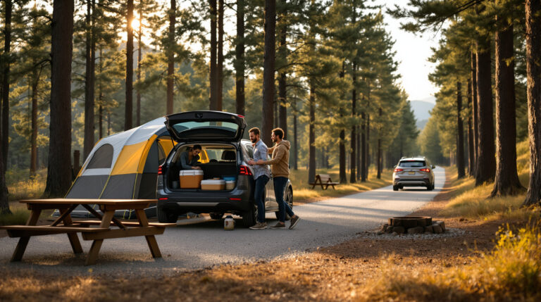 A smiling couple unloads camping gear from a car at a forest campsite as another vehicle leaves in the background, with tall trees and a picnic table under soft golden sunlight.