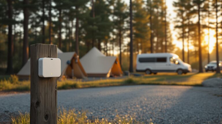 A small IoT sensor with a glowing LED is mounted on a wooden post at a quiet, generic campsite at dawn, with two neutral-colored tents and a camper van in the background among pine trees, illuminated by soft sunrise light.