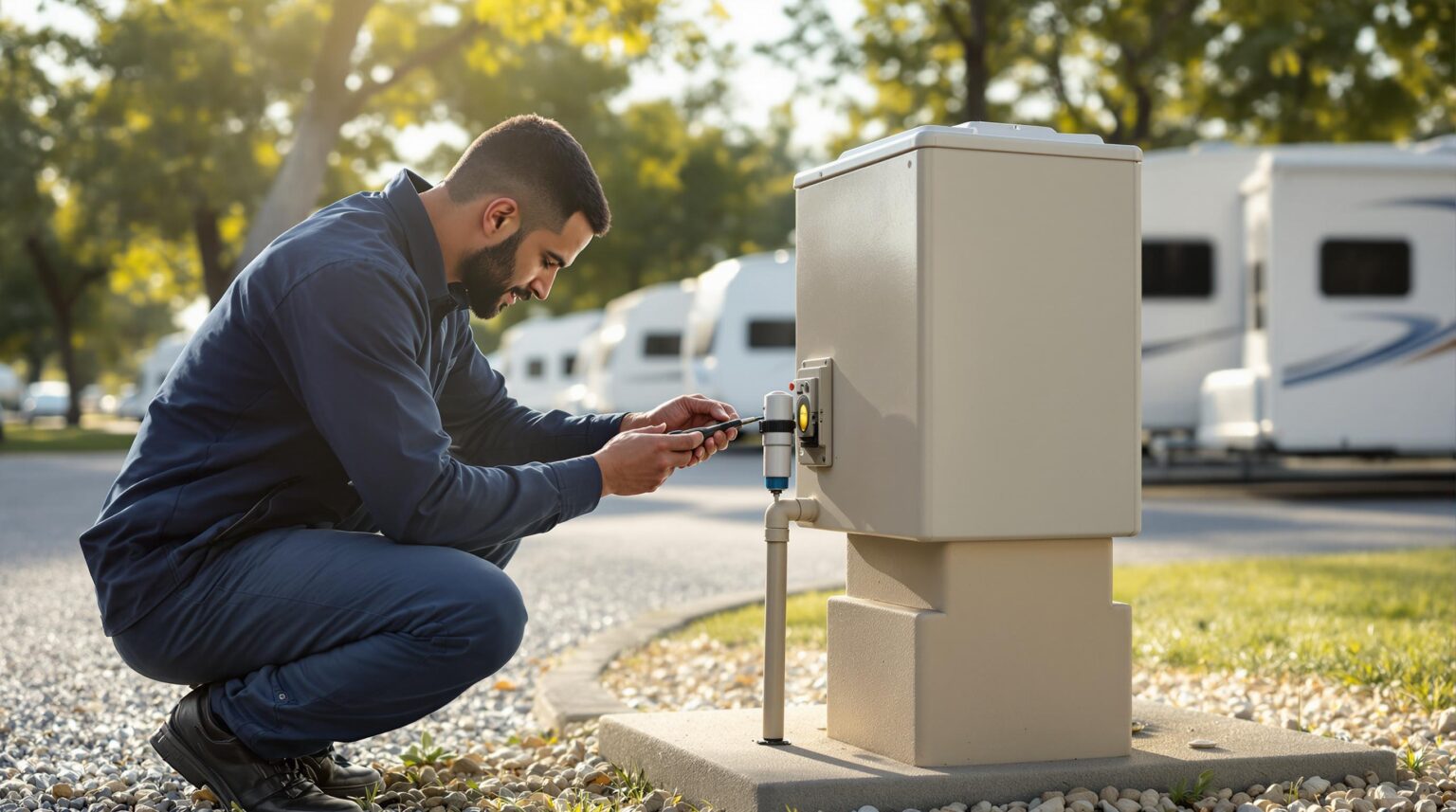 Maintenance worker installs IoT sensor on RV utility pedestal at generic campground with parked RVs in background