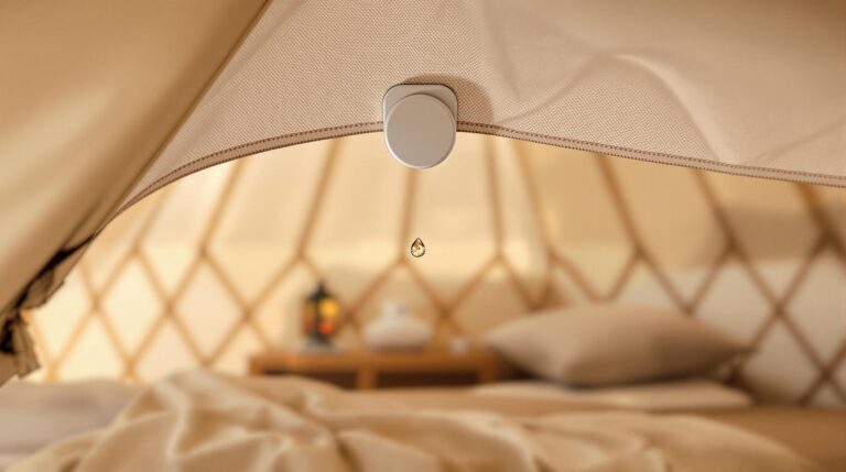 IoT moisture sensor detecting water leak inside a cozy glamping yurt, with a droplet falling from the canvas roof and rustic furnishings softly blurred in the background.