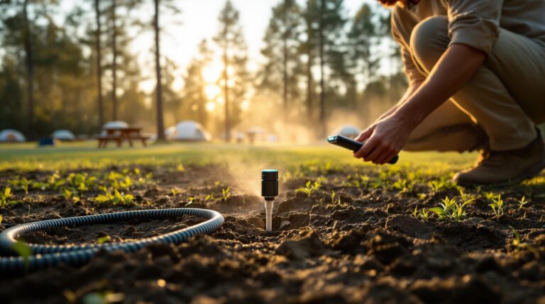 A campground groundskeeper kneels beside a soil moisture sensor and irrigation hose in a sunlit clearing, with tents and pine trees softly blurred in the background.