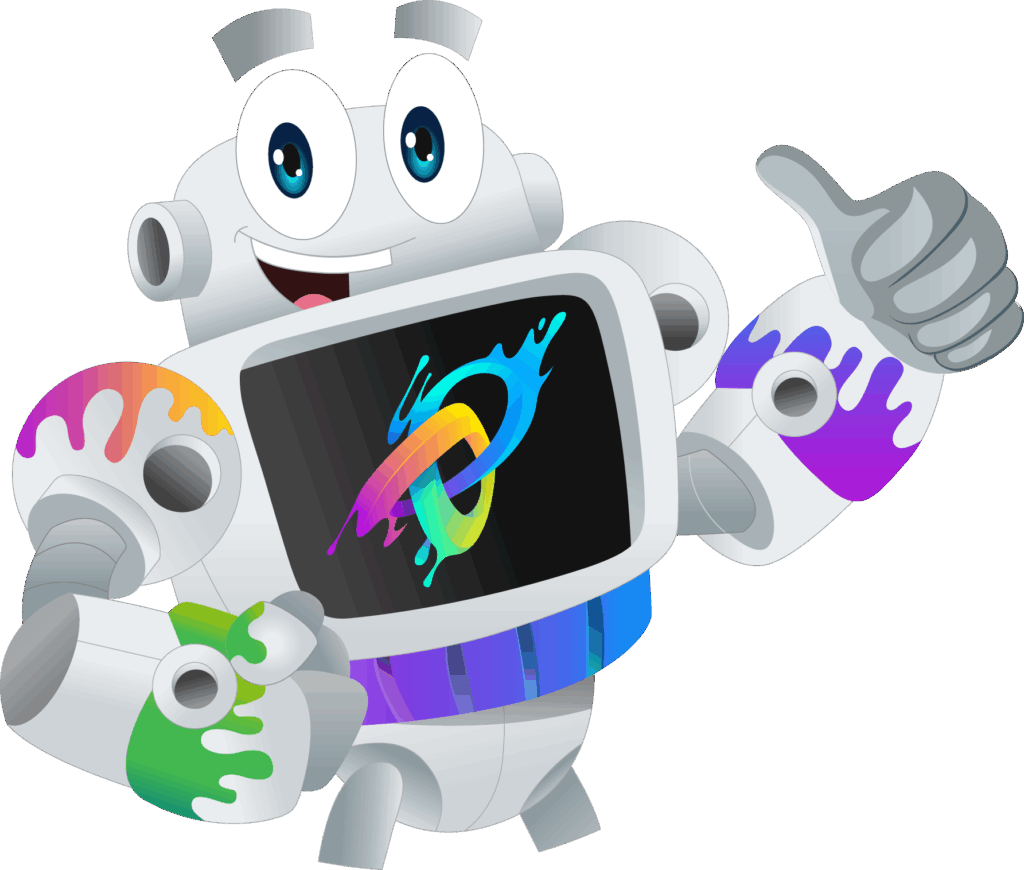 Colorful robot giving a thumbs up.