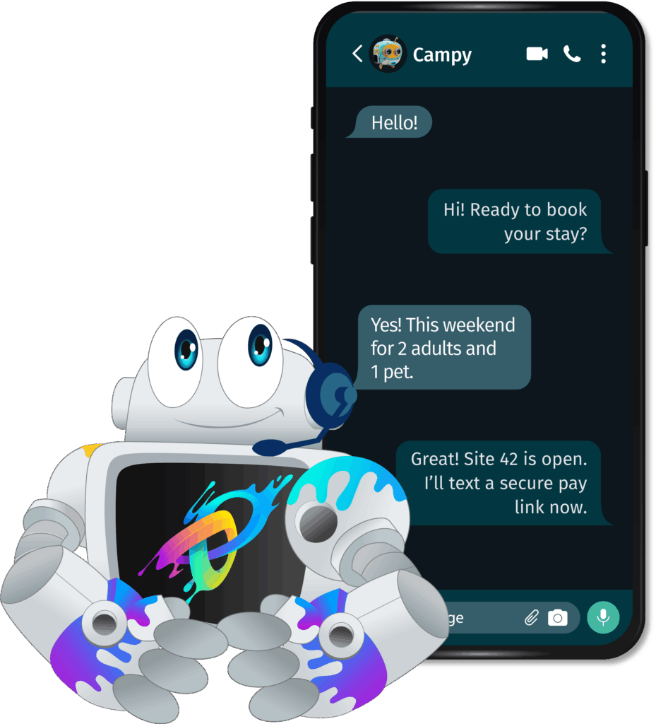 Robot assisting with vacation booking chat on smartphone.