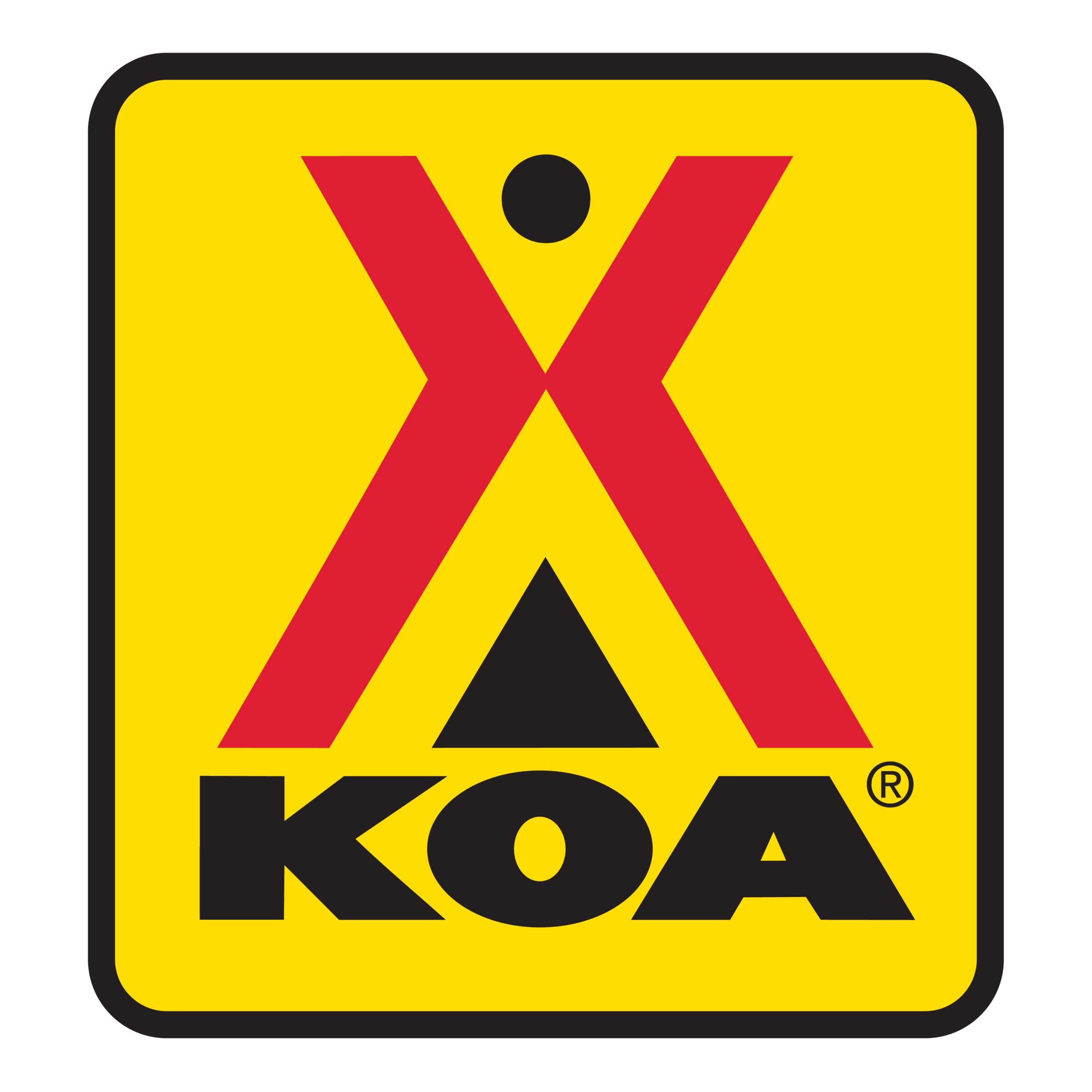 KOA camping logo, yellow background, red tent shape.
