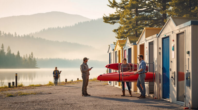 Campground attendant with clipboard standing by colorful kayak lockers on a lakeshore at dawn, with campers inspecting a red kayak, misty water and evergreen trees in the background
