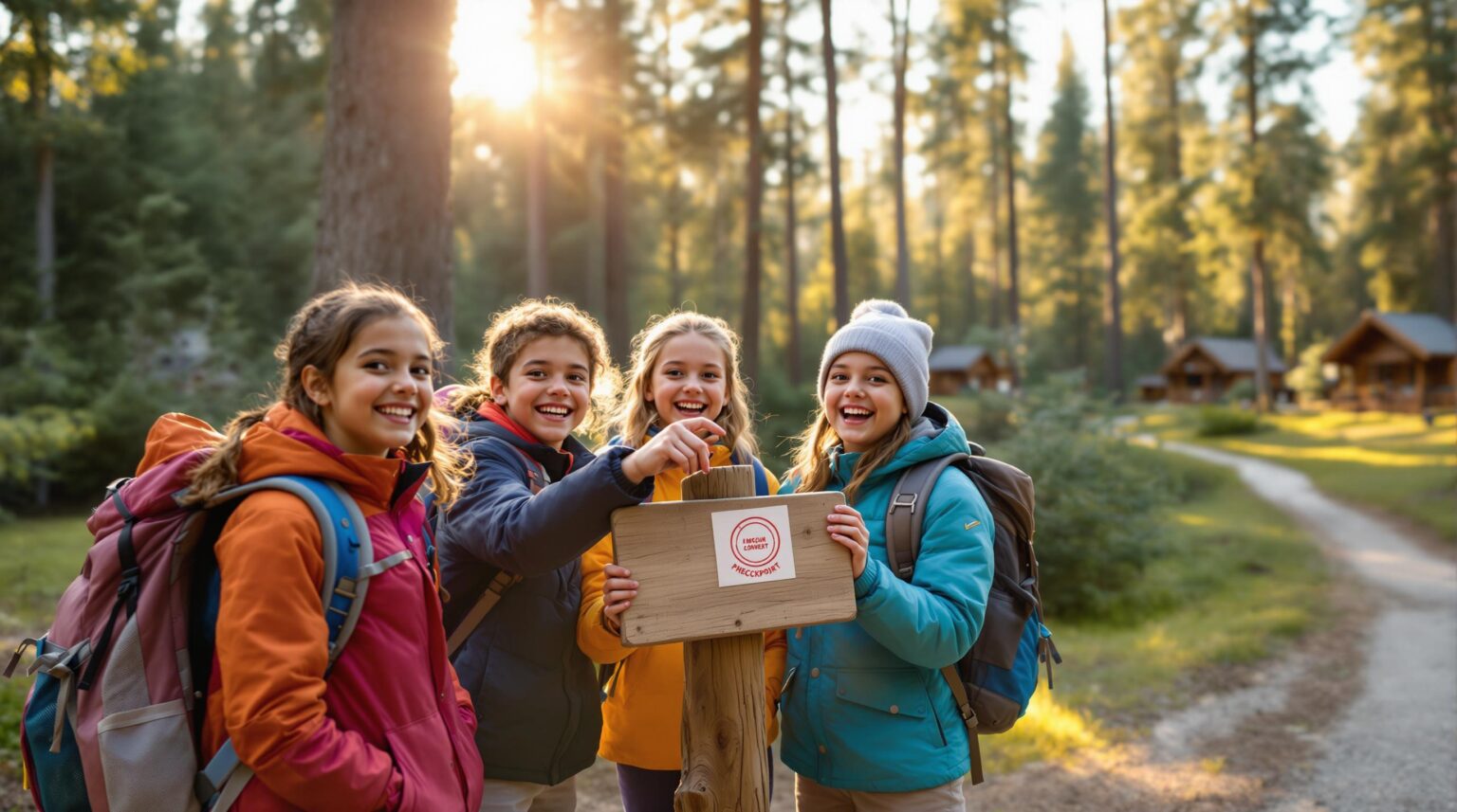 Four diverse children with backpacks gather at a wooden checkpoint in a generic forest resort, excitedly stamping an adventure passport in warm sunlight, with blurred cabins and trees in the background.