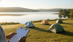 A lakeside campground at dawn with three tents at different distances from the water, a camper holding a blank clipboard in the foreground, and tree-lined hills in the background under soft golden light.