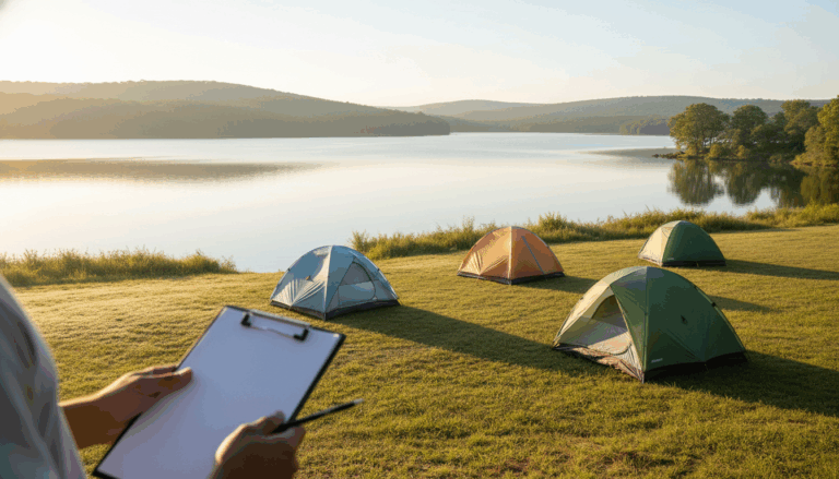 A lakeside campground at dawn with three tents at different distances from the water, a camper holding a blank clipboard in the foreground, and tree-lined hills in the background under soft golden light.