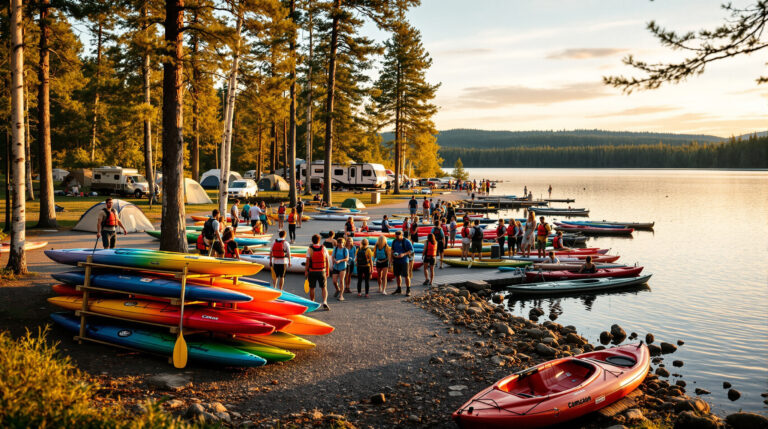 Campers choosing kayaks at a lakeside rental area with tents and trees in the background during sunset