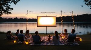 Families and friends watching an outdoor movie by a lake at sunset, sitting on blankets and chairs with string lights and lanterns creating a cozy atmosphere.