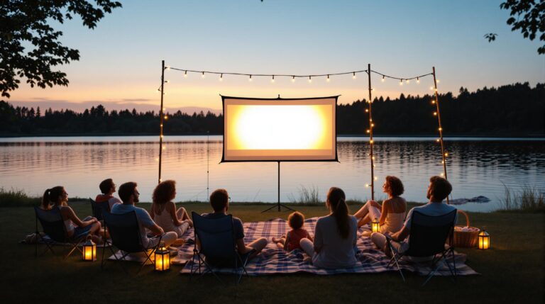Families and friends watching an outdoor movie by a lake at sunset, sitting on blankets and chairs with string lights and lanterns creating a cozy atmosphere.