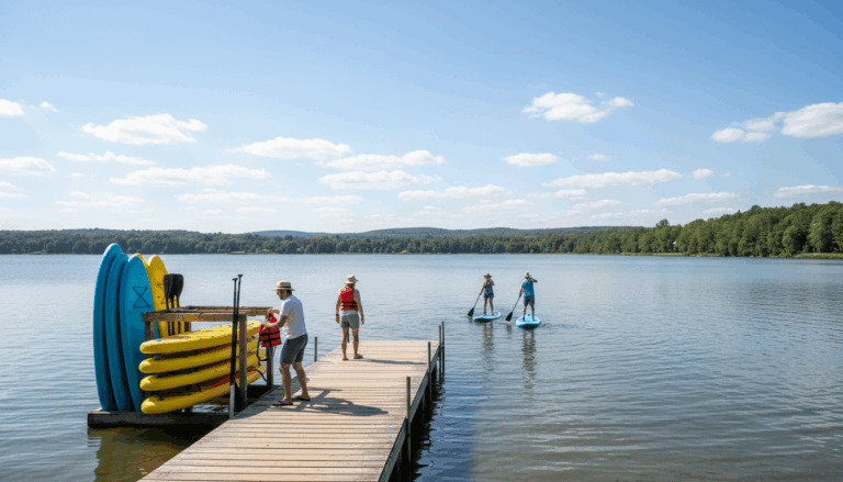 People preparing stand-up paddleboards on a wooden dock at a generic lakeside with calm water and distant trees on a clear summer day