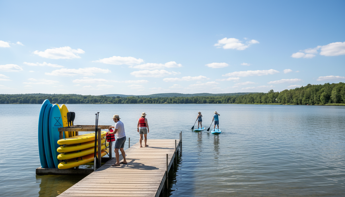 People preparing stand-up paddleboards on a wooden dock at a generic lakeside with calm water and distant trees on a clear summer day