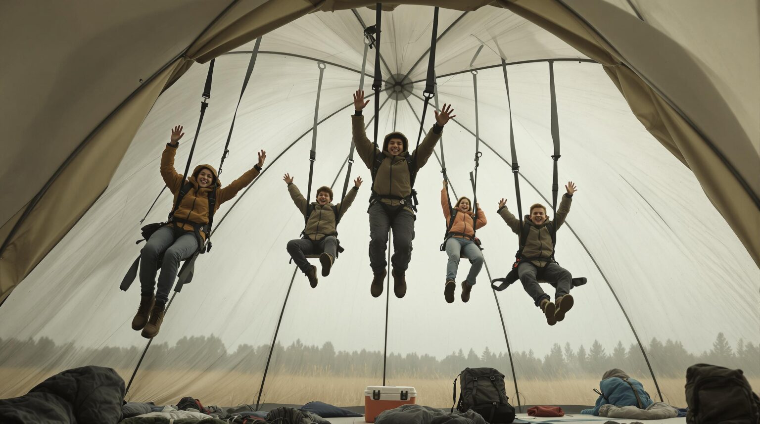 Teenagers suspended in harnesses inside a translucent dome tent, appearing weightless as camping gear floats nearby, with soft daylight and an indistinct outdoor background.