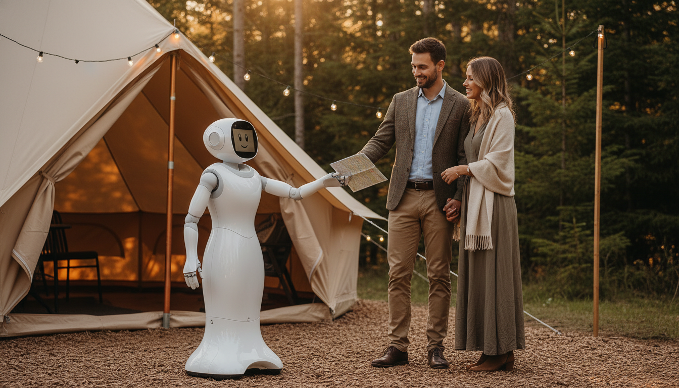 A modern concierge robot assists two smiling campers outside a luxury glamping tent in a wooded campground at sunset, with soft string lights and evergreen trees in the background.