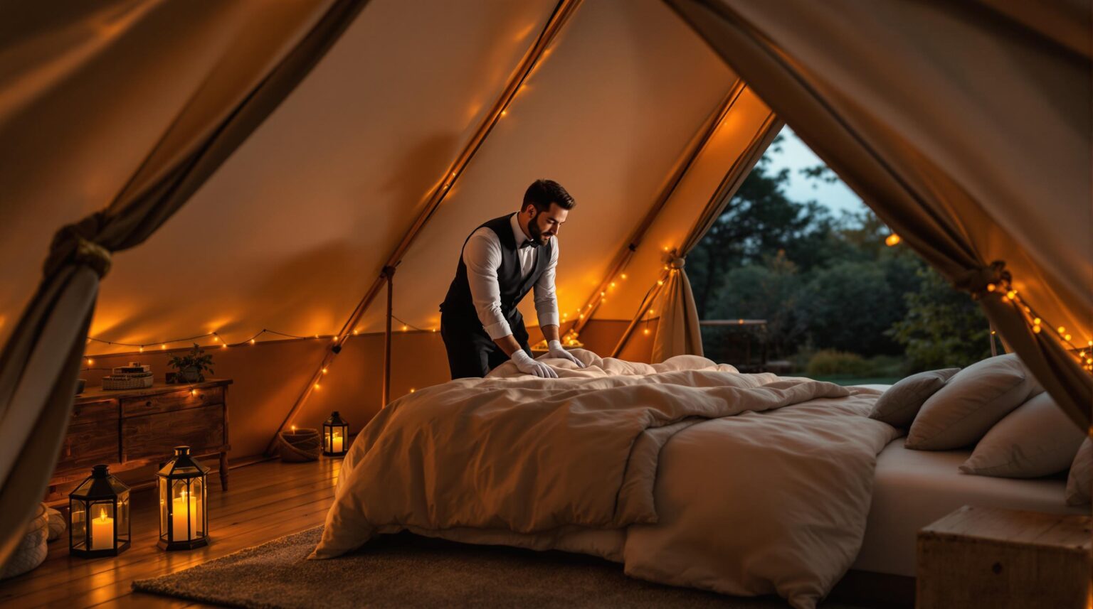 A butler in white gloves smooths a bed inside a luxurious glamping tent with soft lighting, plush pillows, and a warm, inviting atmosphere.