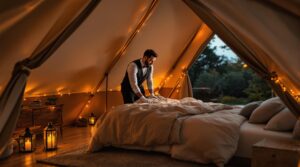 A butler in white gloves smooths a bed inside a luxurious glamping tent with soft lighting, plush pillows, and a warm, inviting atmosphere.
