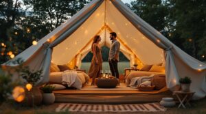 A smiling couple stands at the entrance of a luxury glamping tent, admiring plush bedding, a glowing fire pit, and a tray with wine and snacks inside, with warm fairy lights and rustic decor creating an inviting, upscale atmosphere.
