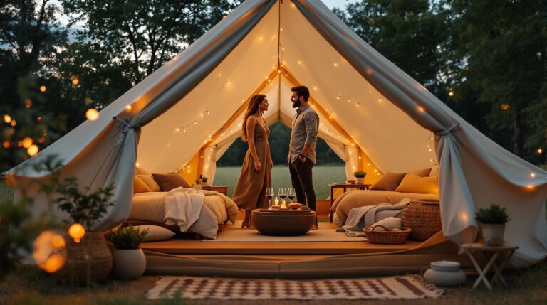 A smiling couple stands at the entrance of a luxury glamping tent, admiring plush bedding, a glowing fire pit, and a tray with wine and snacks inside, with warm fairy lights and rustic decor creating an inviting, upscale atmosphere.