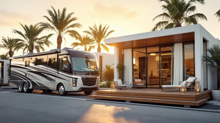 Two luxury RVs parked beside modern villa cabanas with outdoor lounge furniture, surrounded by manicured gardens and palm trees in warm golden sunlight