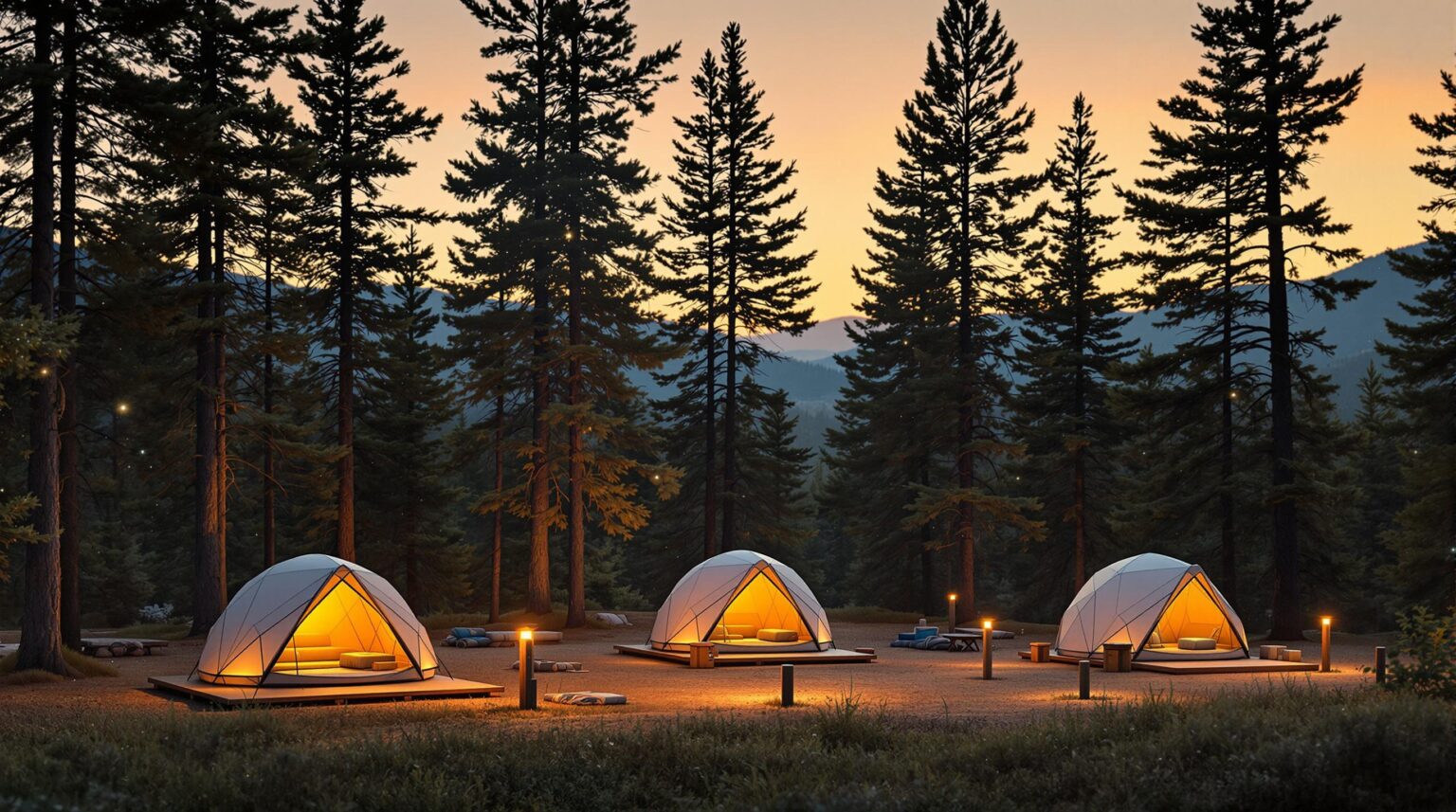 A forest campground at sunset with six campsites, three occupied by glowing tents and three empty, abstract holographic data lines floating above, surrounded by trees and hills, illustrating machine learning predictions for campsite no-shows.