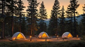 A forest campground at sunset with six campsites, three occupied by glowing tents and three empty, abstract holographic data lines floating above, surrounded by trees and hills, illustrating machine learning predictions for campsite no-shows.