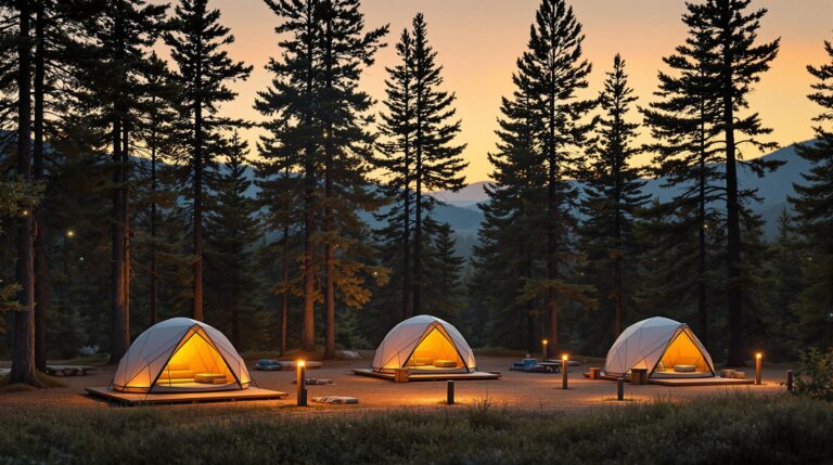 A forest campground at sunset with six campsites, three occupied by glowing tents and three empty, abstract holographic data lines floating above, surrounded by trees and hills, illustrating machine learning predictions for campsite no-shows.