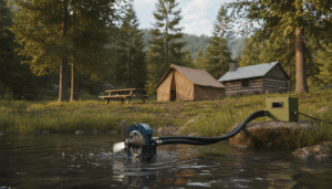 A portable micro-hydro turbine generates electricity in a woodland creek beside an off-grid campsite with a canvas tent, picnic table, and log cabin, surrounded by trees under a partly cloudy sky.