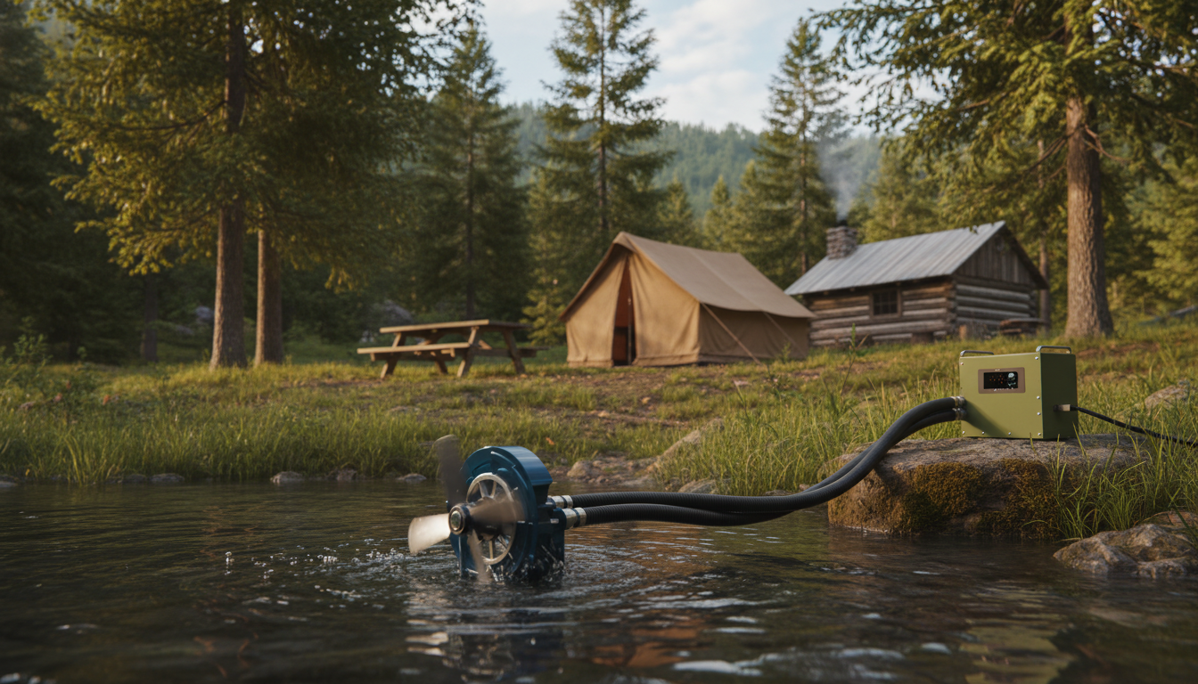 A portable micro-hydro turbine generates electricity in a woodland creek beside an off-grid campsite with a canvas tent, picnic table, and log cabin, surrounded by trees under a partly cloudy sky.