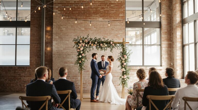 Small wedding ceremony with bride, groom, and six guests in a cozy, neutral-toned venue with exposed brick, frosted windows, and a simple floral arch.