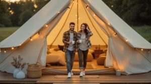 Diverse couple enjoying morning coffee outside a stylish canvas glamping tent, surrounded by soft greenery and warm sunrise light, with cozy bedding and string lights visible inside.