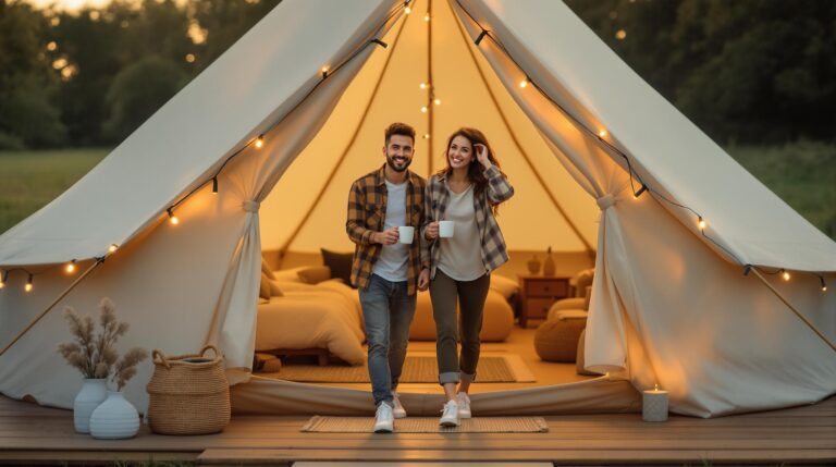 Diverse couple enjoying morning coffee outside a stylish canvas glamping tent, surrounded by soft greenery and warm sunrise light, with cozy bedding and string lights visible inside.