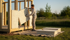 A craftsman installs an off-white mycelium panel into a wooden glamping cabin frame outdoors, with additional panels on a canvas cloth and soft greenery in the background.