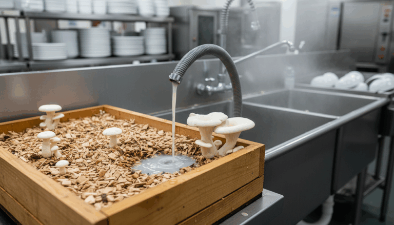 A mycoremediation bed with oyster mushrooms sits beside a commercial dishwashing sink as cloudy wastewater drips onto the wood chip substrate, with neutral kitchenware and stainless steel surfaces blurred in the background.