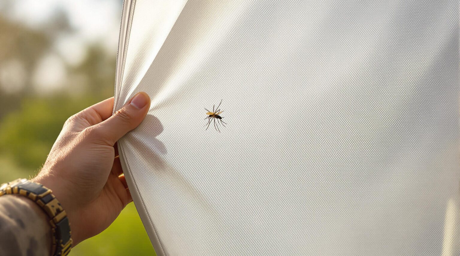 Close-up of a hand stretching nanotech mosquito-proof tent fabric with a hovering mosquito nearby, water droplets beading on the surface, and a blurred outdoor background.