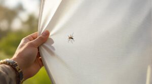 Close-up of a hand stretching nanotech mosquito-proof tent fabric with a hovering mosquito nearby, water droplets beading on the surface, and a blurred outdoor background.