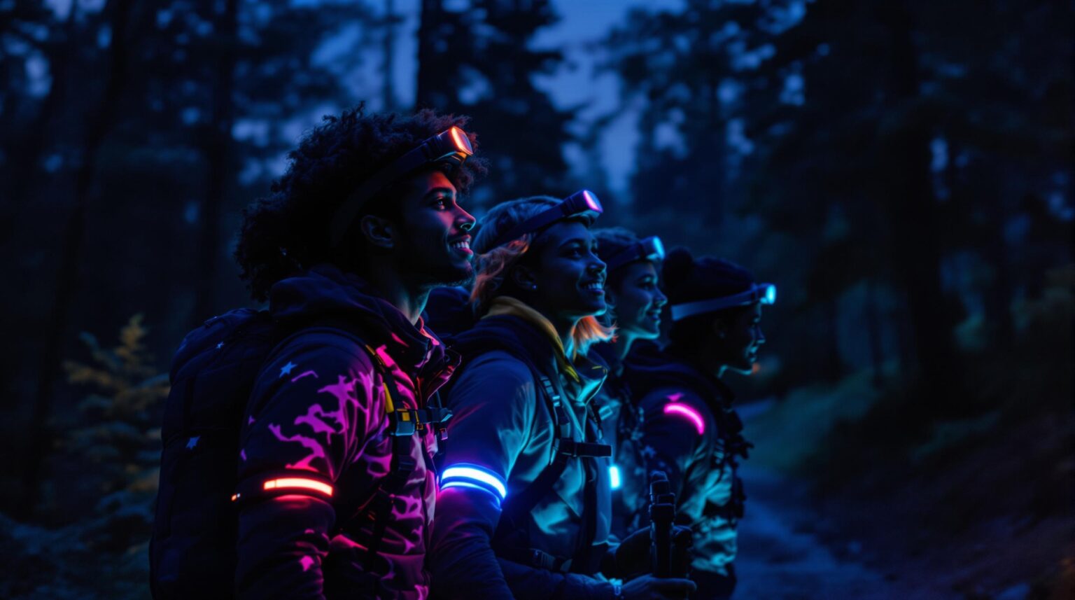 Three young adults hiking at night on a forest path, wearing glowing LED armbands and headlamps, surrounded by blurred trees and soft light trails, with no identifiable landmarks.