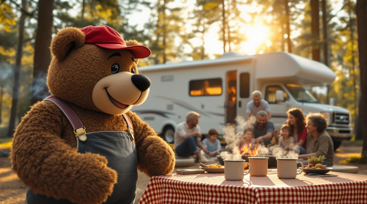 A friendly retro bear mascot greets a smiling multigenerational family around a campfire beside an RV in a sunlit woodland campsite, with warm, nostalgic lighting.