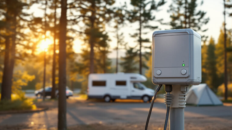 A modern campground at sunrise with a blank digital power pedestal in the foreground, connected to a camper van and tent, surrounded by pine trees and soft natural light.