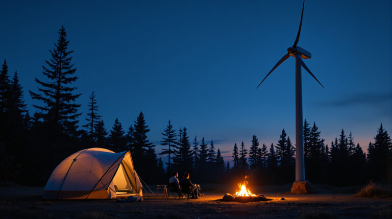 A quiet off-grid campground at twilight with a modern, compact wind turbine near a dome tent and campfire, two silhouetted campers, and evergreen trees under a starry sky.