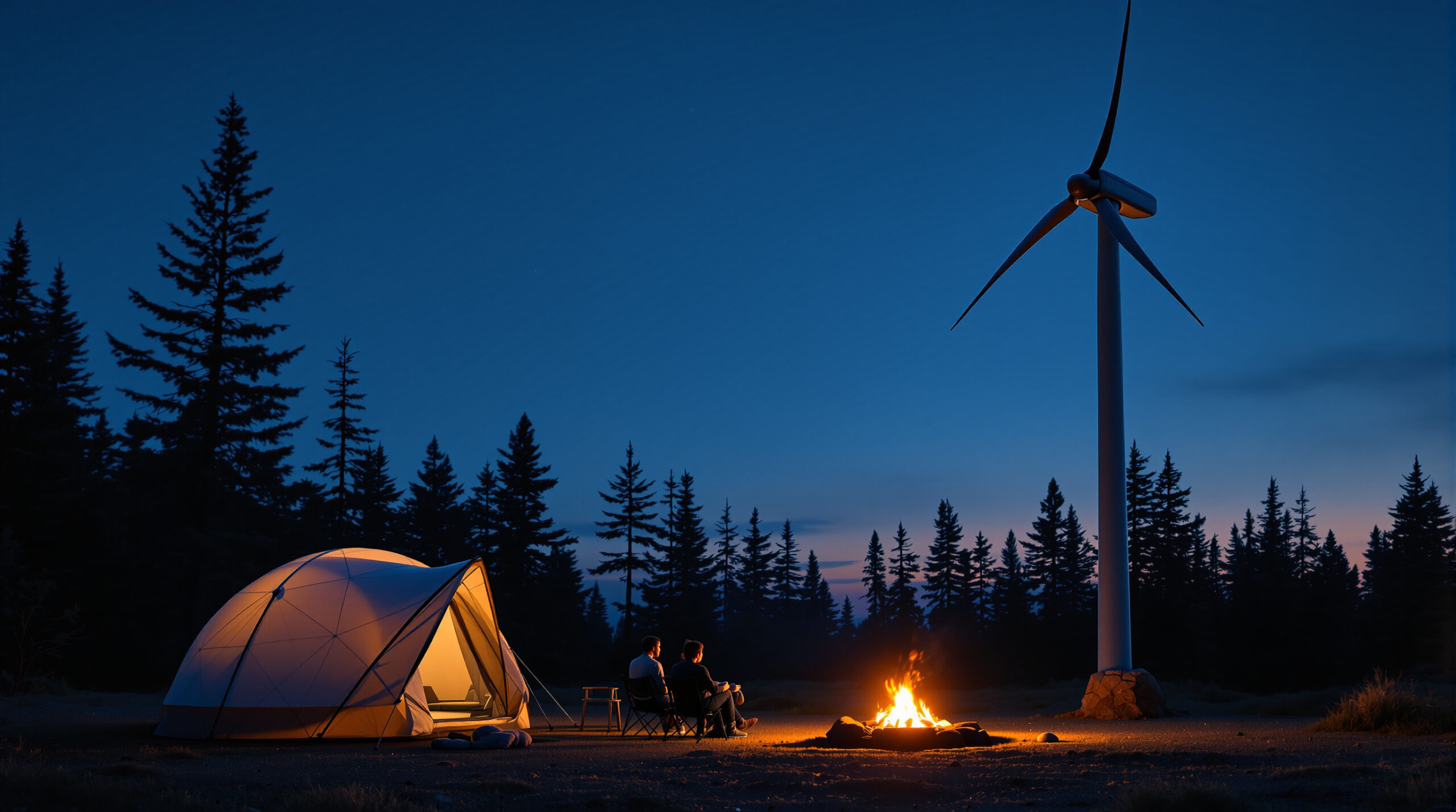 A quiet off-grid campground at twilight with a modern, compact wind turbine near a dome tent and campfire, two silhouetted campers, and evergreen trees under a starry sky.