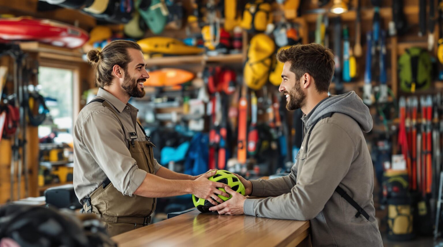 A friendly attendant in a neutral uniform hands a bright green mountain-bike helmet to a smiling young adult customer at a gear rental counter, with blurred racks of outdoor equipment like kayaks, skis, and backpacks in the background, inside a well-lit, generic facility.