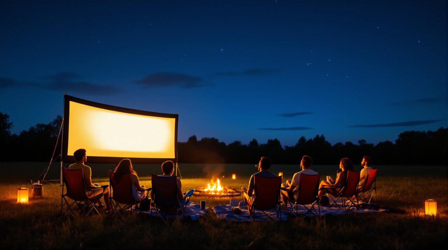 A diverse group of friends sits on camping chairs and blankets in a grassy field at twilight, watching a movie projected onto a glowing outdoor screen, with lanterns, a small campfire, and trees silhouetted against a dusky sky.