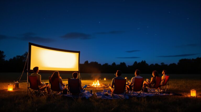 A diverse group of friends sits on camping chairs and blankets in a grassy field at twilight, watching a movie projected onto a glowing outdoor screen, with lanterns, a small campfire, and trees silhouetted against a dusky sky.
