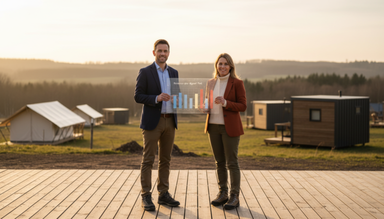 Two hospitality planners reviewing a clear panel with color-coded charts on a wooden deck, surrounded by tents and cabins in a generic outdoor setting, under warm sunlight.